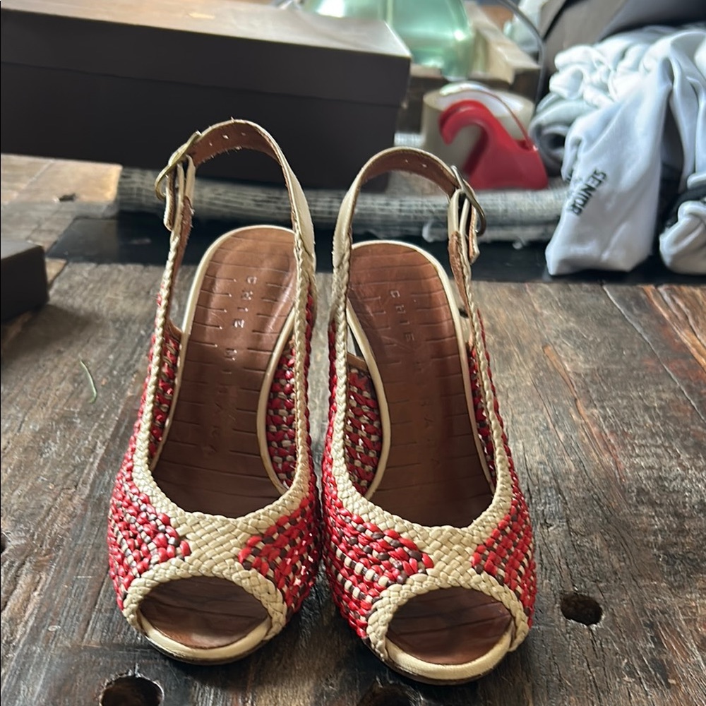 Chie Mihara Red and Cream Woven Sandals